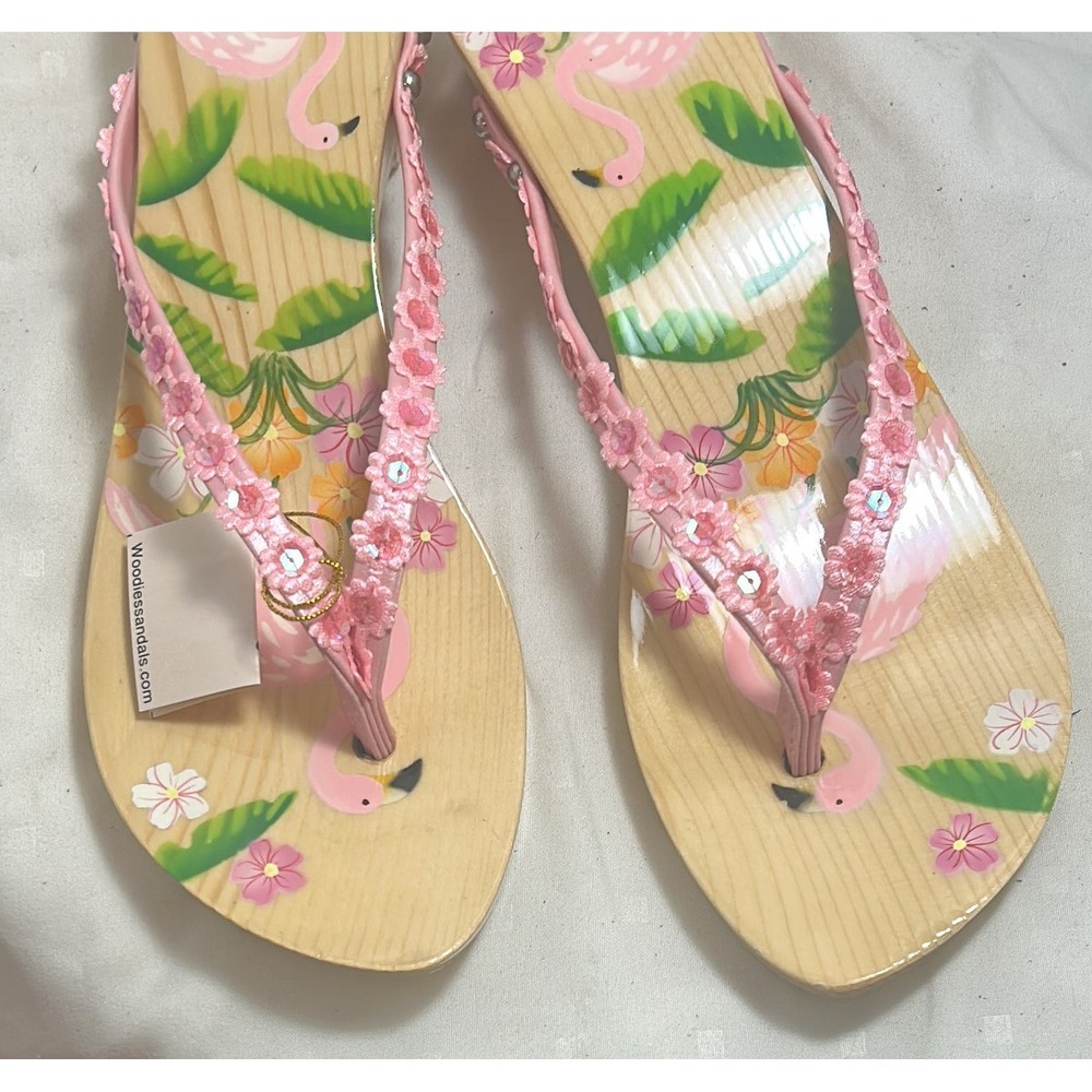 Woodies Flamingo Floral Wood Flip Flops